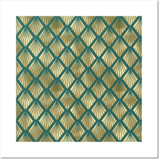 Teal and Gold Vintage Art Deco Diamond Fan Pattern Posters and Art